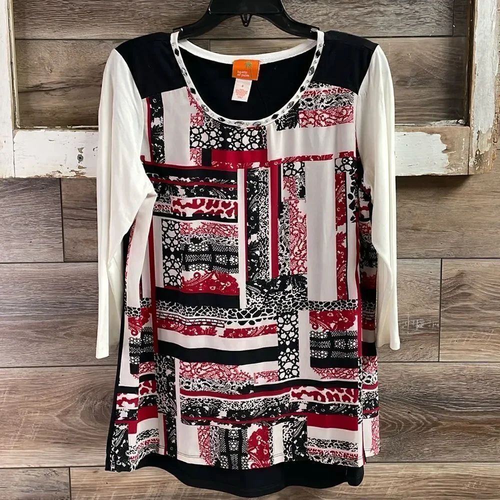 Hearts of Palm 3/4 Sleeve Blouse,Size Small, White,Black & Red Abstract Design